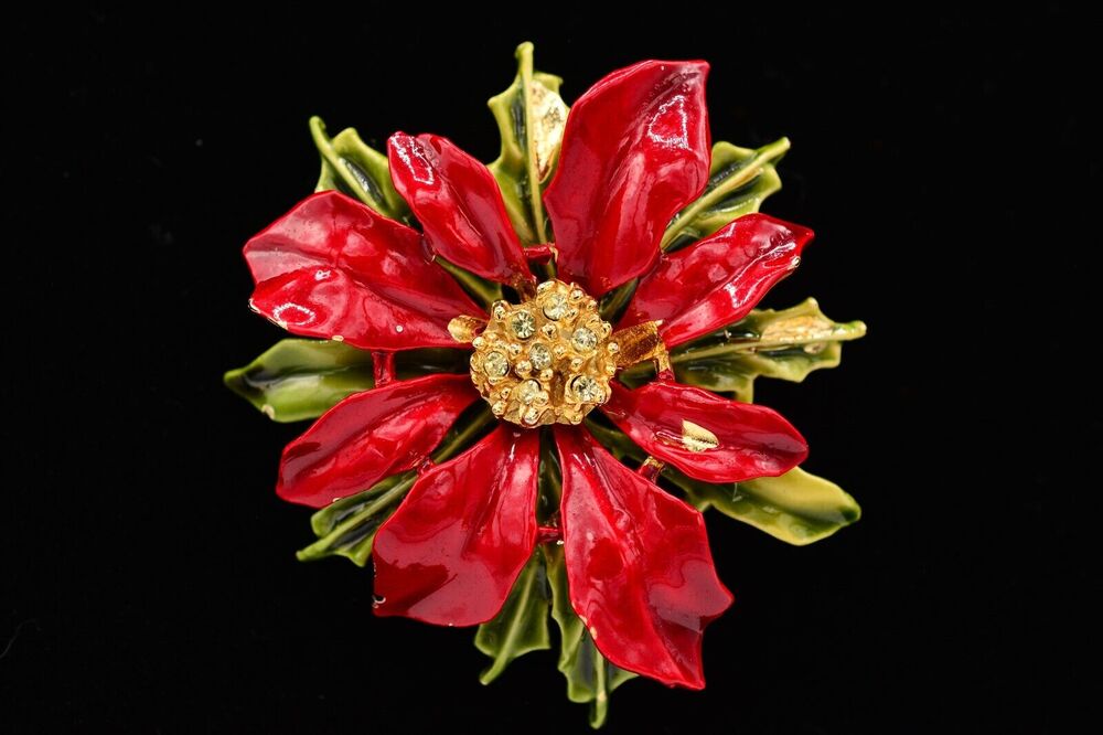 Art Vintage Poinsettia Pin Brooch Flower Enamel Red Green Christmas Signed BinAH